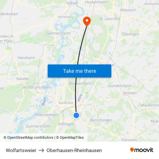 Wolfartsweier to Oberhausen-Rheinhausen map
