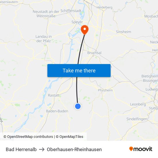 Bad Herrenalb to Oberhausen-Rheinhausen map