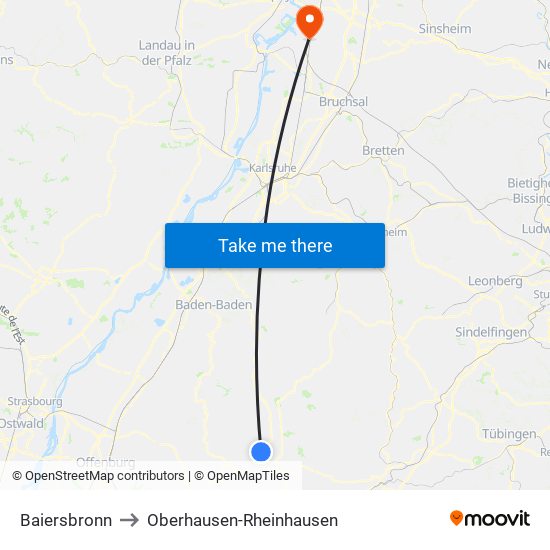 Baiersbronn to Oberhausen-Rheinhausen map