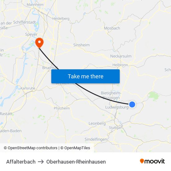 Affalterbach to Oberhausen-Rheinhausen map