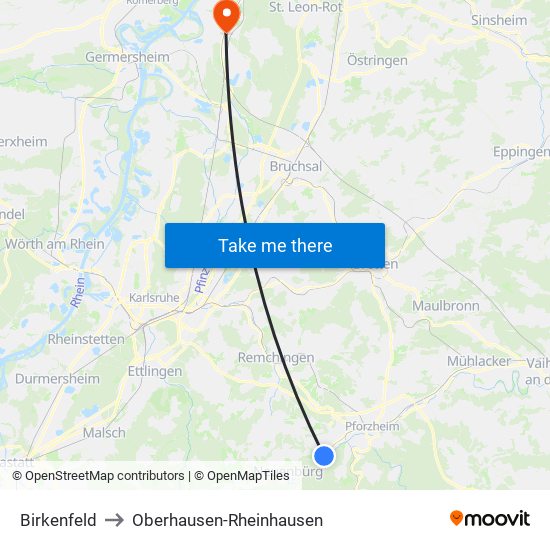 Birkenfeld to Oberhausen-Rheinhausen map