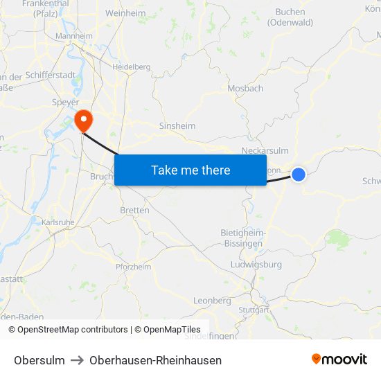 Obersulm to Oberhausen-Rheinhausen map