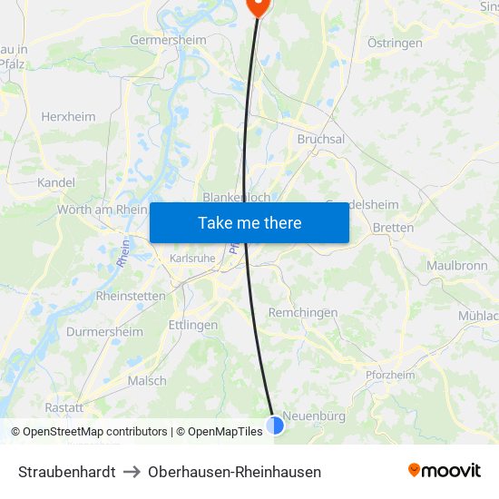 Straubenhardt to Oberhausen-Rheinhausen map