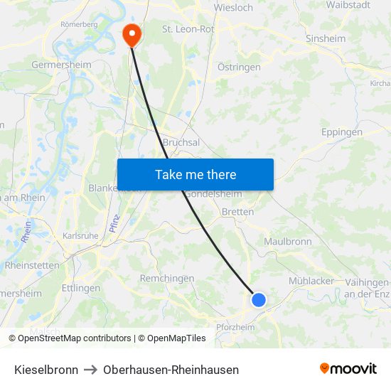 Kieselbronn to Oberhausen-Rheinhausen map