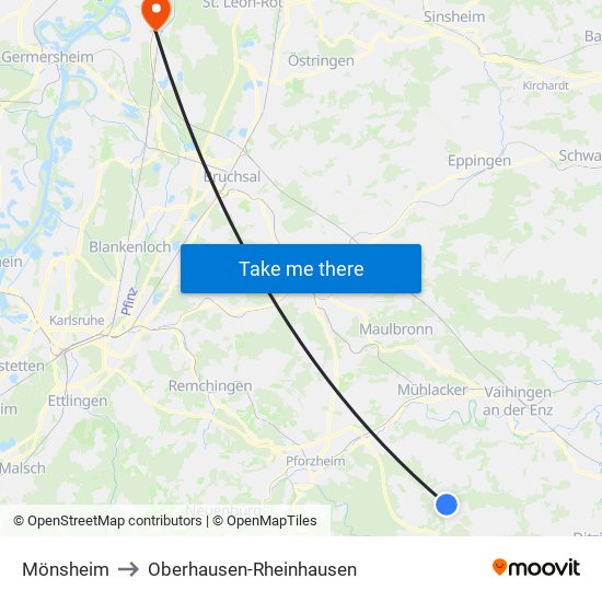 Mönsheim to Oberhausen-Rheinhausen map