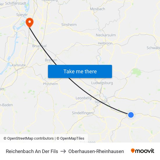 Reichenbach An Der Fils to Oberhausen-Rheinhausen map