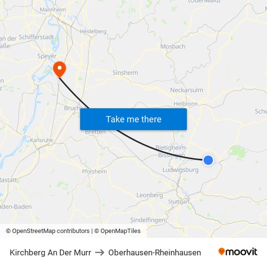 Kirchberg An Der Murr to Oberhausen-Rheinhausen map