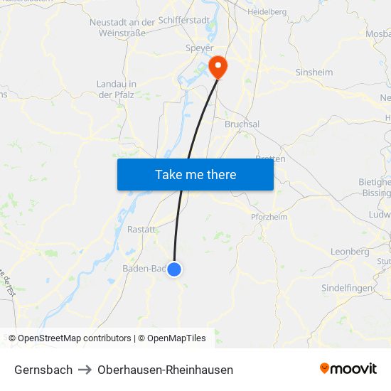 Gernsbach to Oberhausen-Rheinhausen map