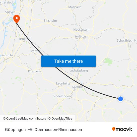 Göppingen to Oberhausen-Rheinhausen map