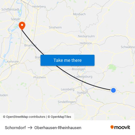 Schorndorf to Oberhausen-Rheinhausen map
