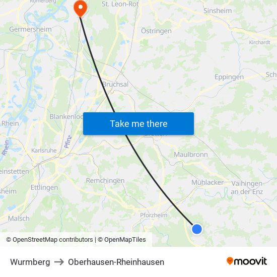 Wurmberg to Oberhausen-Rheinhausen map