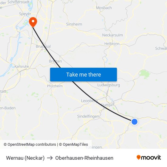 Wernau (Neckar) to Oberhausen-Rheinhausen map