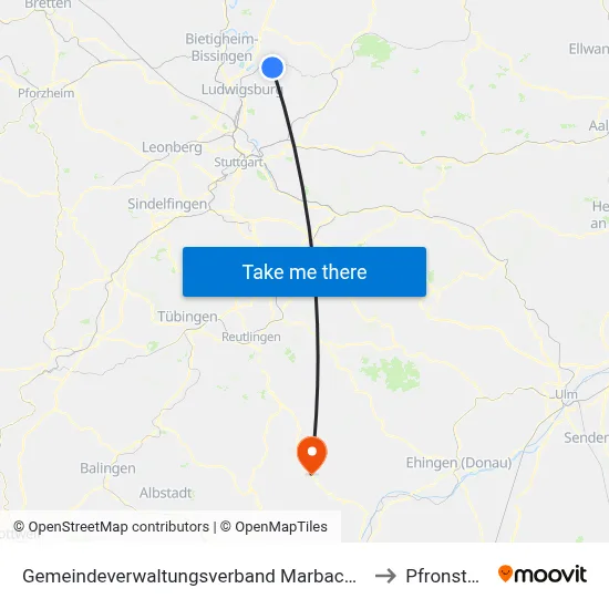 Gemeindeverwaltungsverband Marbach am Neckar to Pfronstetten map