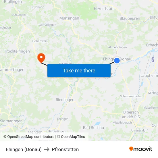 Ehingen (Donau) to Pfronstetten map