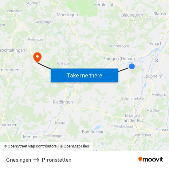 Griesingen to Pfronstetten map