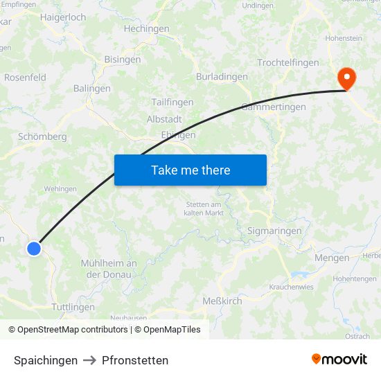 Spaichingen to Pfronstetten map
