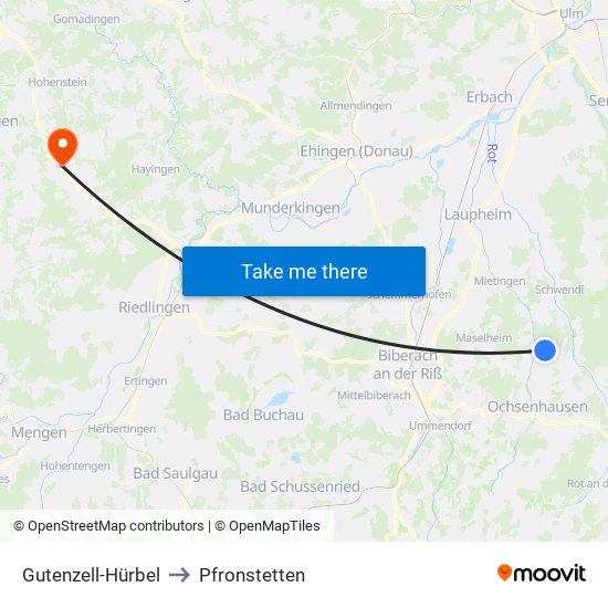 Gutenzell-Hürbel to Pfronstetten map