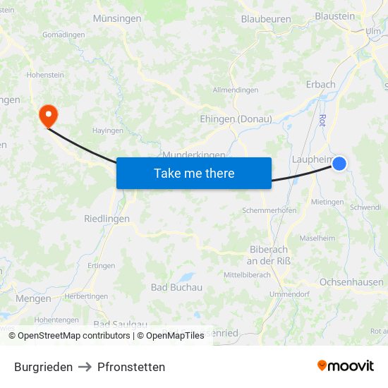 Burgrieden to Pfronstetten map