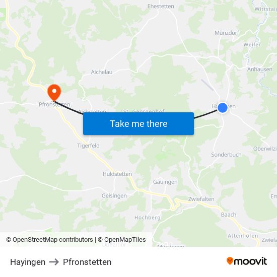 Hayingen to Pfronstetten map