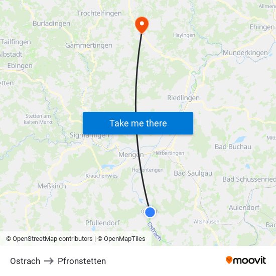 Ostrach to Pfronstetten map
