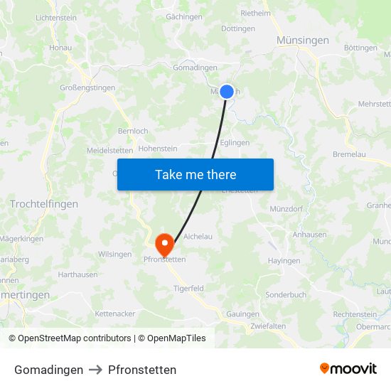 Gomadingen to Pfronstetten map