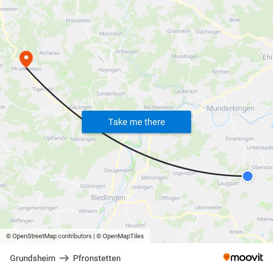 Grundsheim to Pfronstetten map