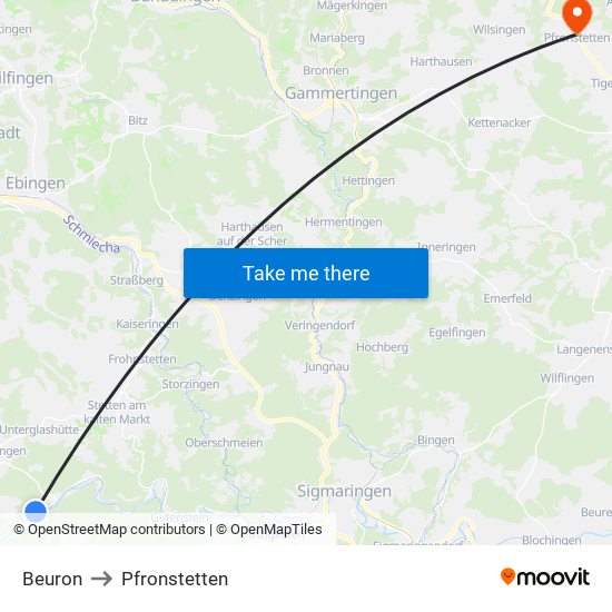 Beuron to Pfronstetten map