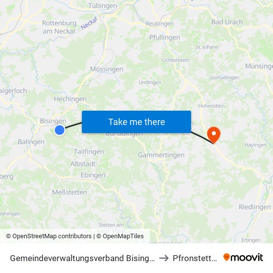 Gemeindeverwaltungsverband Bisingen to Pfronstetten map