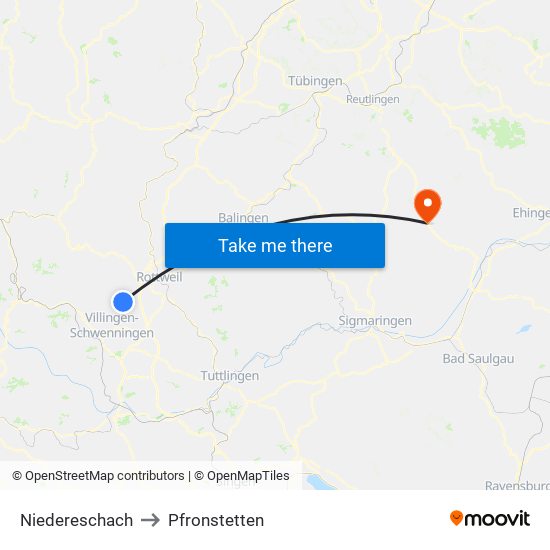 Niedereschach to Pfronstetten map