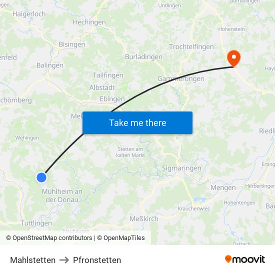 Mahlstetten to Pfronstetten map