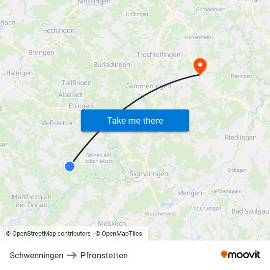 Schwenningen to Pfronstetten map