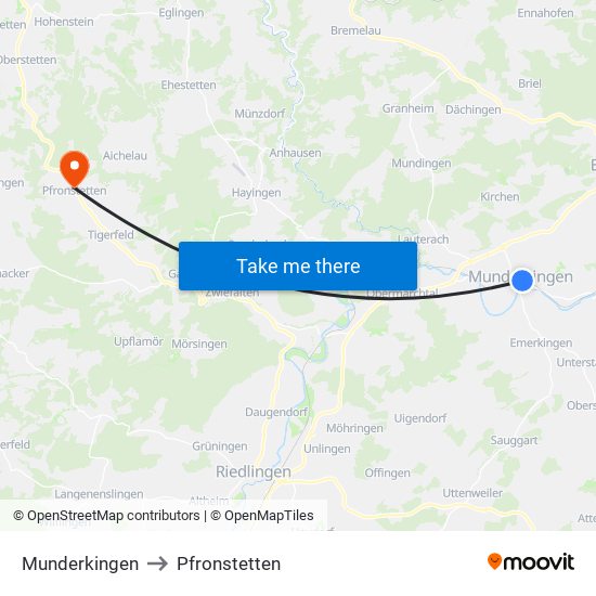 Munderkingen to Pfronstetten map