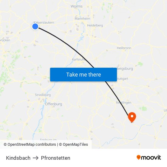 Kindsbach to Pfronstetten map