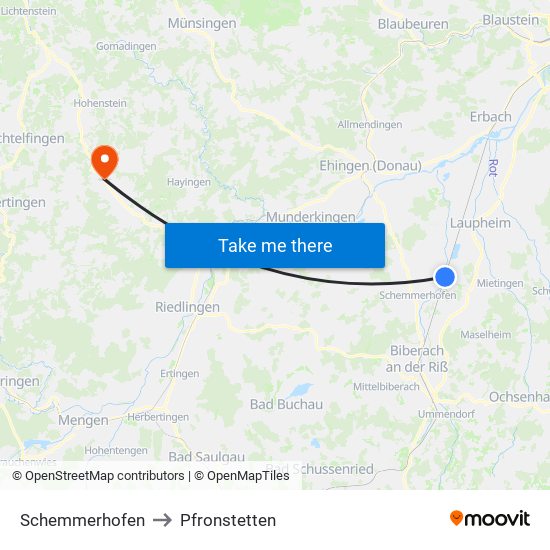 Schemmerhofen to Pfronstetten map