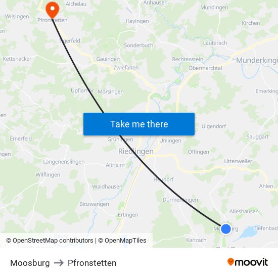 Moosburg to Pfronstetten map