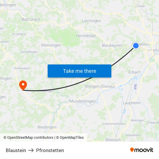 Blaustein to Pfronstetten map