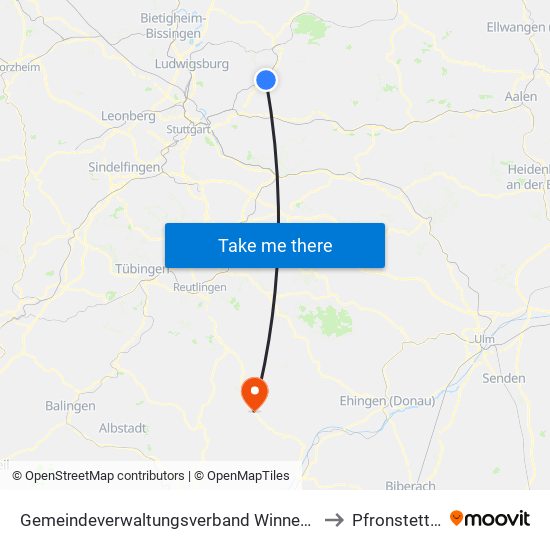 Gemeindeverwaltungsverband Winnenden to Pfronstetten map