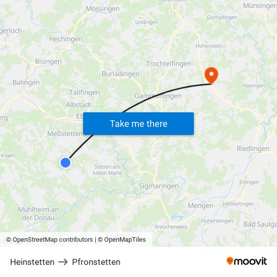 Heinstetten to Pfronstetten map