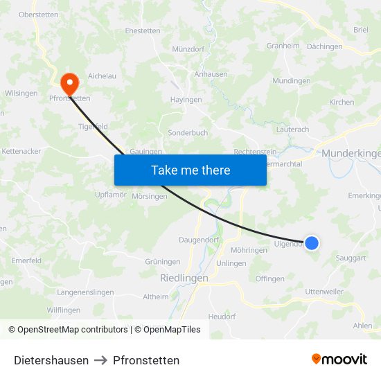 Dietershausen to Pfronstetten map