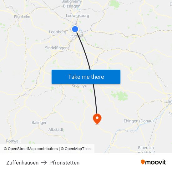 Zuffenhausen to Pfronstetten map