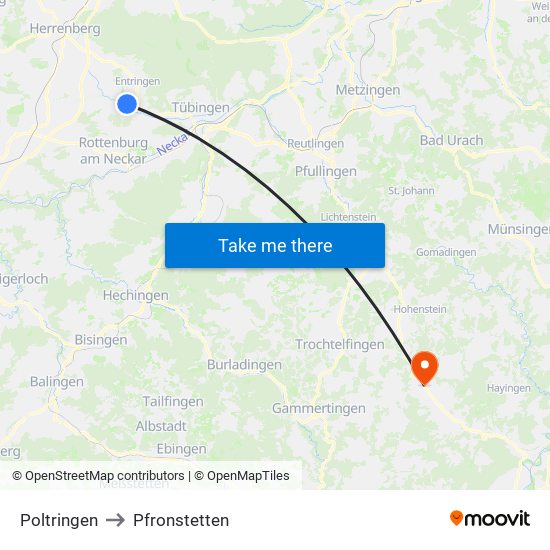 Poltringen to Pfronstetten map