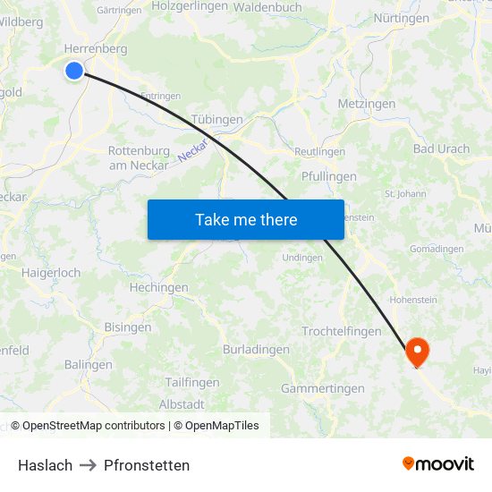Haslach to Pfronstetten map