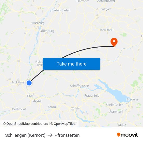 Schliengen (Kernort) to Pfronstetten map