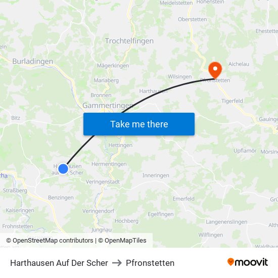 Harthausen Auf Der Scher to Pfronstetten map
