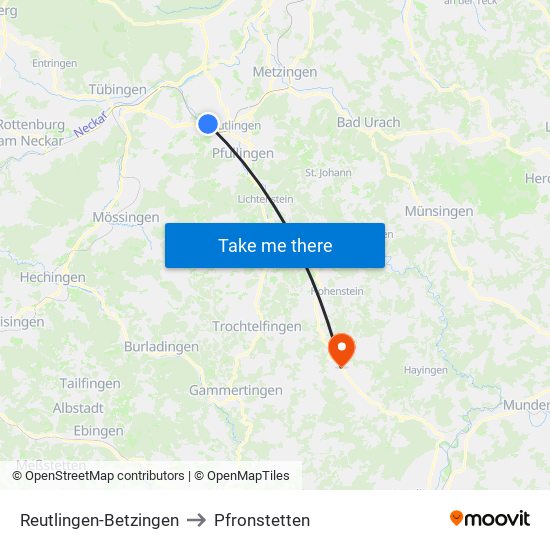 Reutlingen-Betzingen to Pfronstetten map