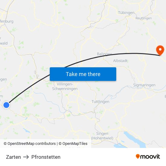 Zarten to Pfronstetten map