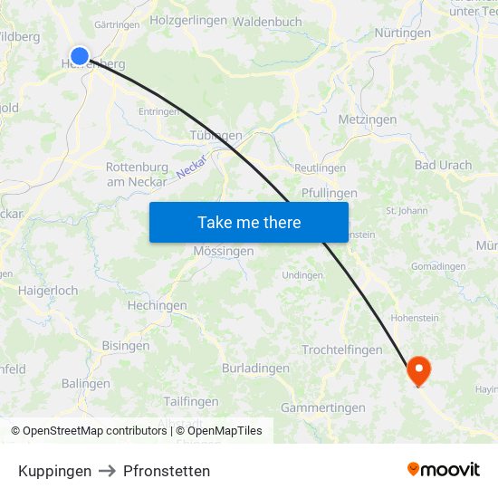 Kuppingen to Pfronstetten map