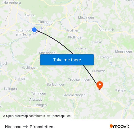 Hirschau to Pfronstetten map