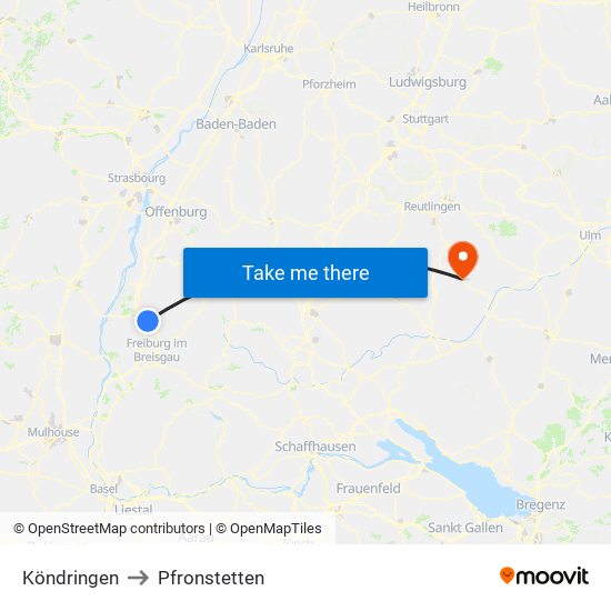 Köndringen to Pfronstetten map