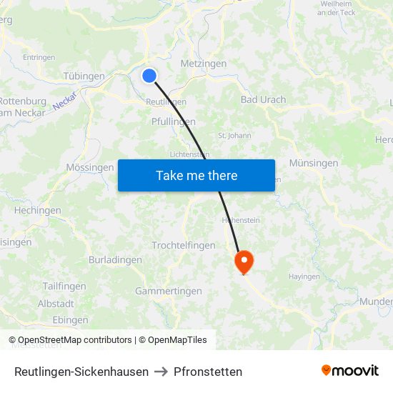 Reutlingen-Sickenhausen to Pfronstetten map